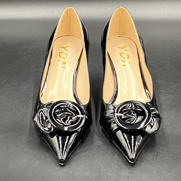 YDN black patent leather pointy toe kitten low heels slippers pumps shoes - Picture 1 of 7